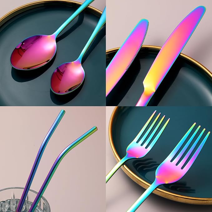 56 Pieces Mirror Rainbow Silverware Service for 8 Flatware Set Stainless Steel Utensils Cutlery Set Dishwasher Safe - Image 2