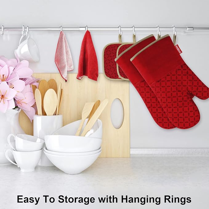 KEGOUU Oven Mitts and Pot Holders 6pcs Set, Kitchen Oven Glove High Heat Resistant 500 Degree Extra Long Oven Mitts and Potholder with Non-Slip Silicone Surface for Cooking (Red) - Image 4