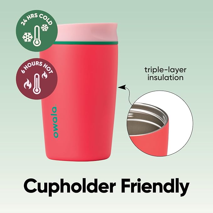 Owala SmoothSip Slider Insulated Stainless Steel Coffee Tumbler, Reusable Iced Coffee Cup, Hot Coffee Travel Mug, BPA Free 12 oz, Pink/Red (Strawberry Fields) - Image 4
