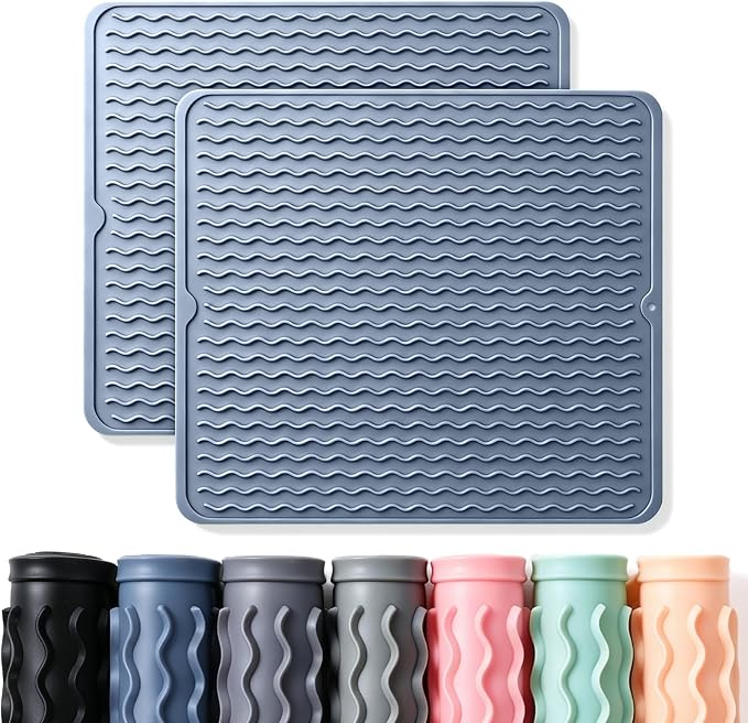 2 Pack Caketime Silicone Dish Drying Mat for Kitchen Counter Multiple Usage for Cooking Grilling Under Sink Office Coffee Accessories Appliances Pioneer Woman Stuff Extra Large 18"x16" Blue by CAKETIME