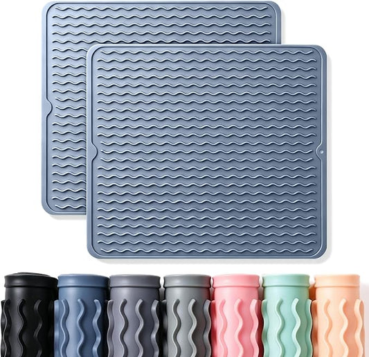 2 Pack Caketime Silicone Dish Drying Mat for Kitchen Counter Multiple Usage for Cooking Grilling Under Sink Office Coffee Accessories Appliances Pioneer Woman Stuff Extra Large 18"x16" Blue by CAKETIME