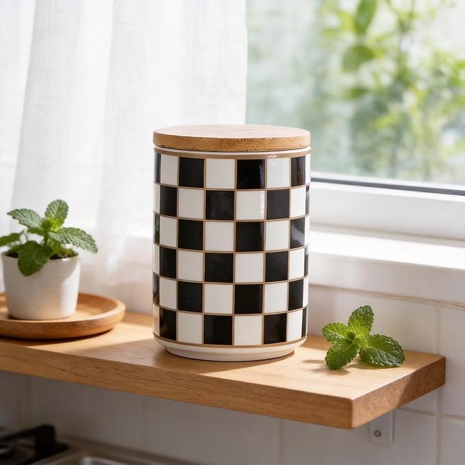 Kitchen Countertop Ceramic Checkered Canisters,Black And White Food Storage Containers With Lid,Airtight Kitchen Canisters for Flour, Sugar, Coffee, Tea, and Dry Goods (Black, Small) - Image 6