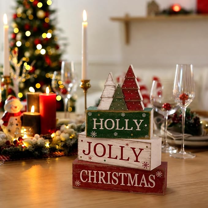 Moucuny 4 Pcs Christmas Table Decorations Rustic Christmas Tree Stacked Wooden Decor Holly Xmas Tree Block Signs Gift Red Green and White Winter Tiered Tray Decor Farmhouse for Home Xmas Party Kitchen - Image 7