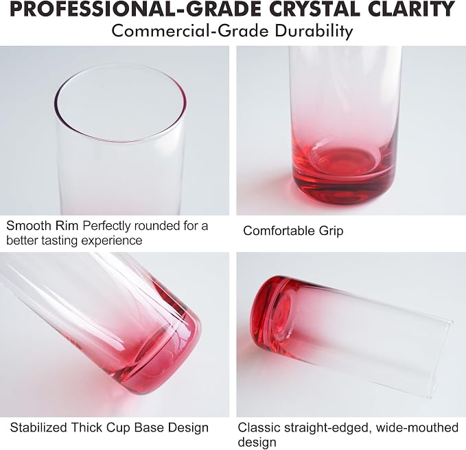 Red Highball Glasses Set of 6,13oz Red Drinking Glass Cups for Mixed Drink Cocktail, Beer, Mojito, Water and Juice,Thick Tall Crystal Glassware for Kitchen, Restaurant, Home Bar and Parties - Image 3