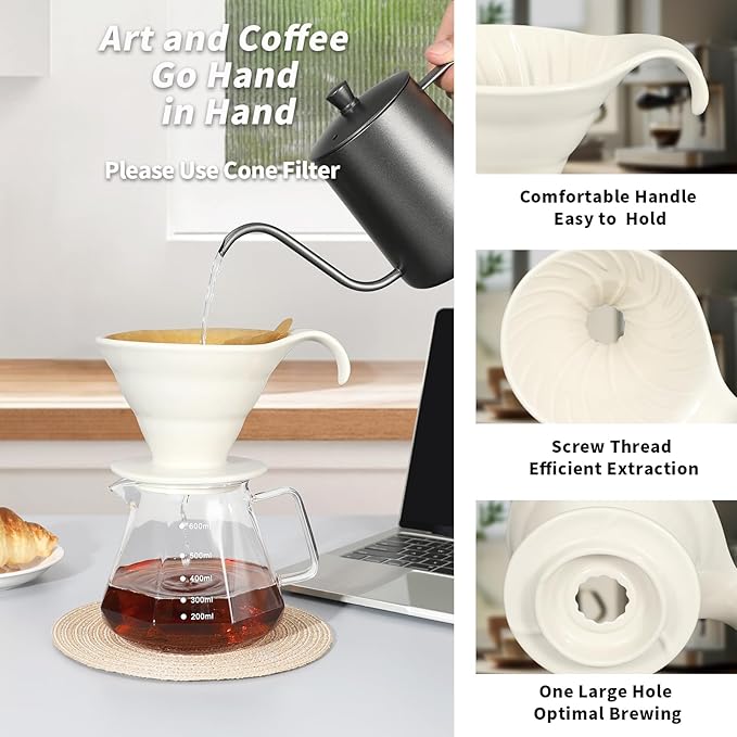 Mongdio Pour Over, Ceramic Coffee Pour Over, Reusable Porcelain Portable Pour Over Coffee Maker with 40pcs Paper Filter, For Home,White