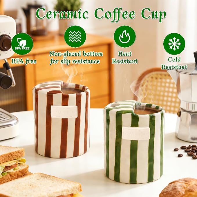 Ceramic Coffee Mug with Sip Hole 10oz Cute Espresso Cup | Unique Hand-Drawn Green and White Striped Design, Microwave and Dishwasher Safe, for Kitchen Dining, Office, Holiday Gift - Image 4