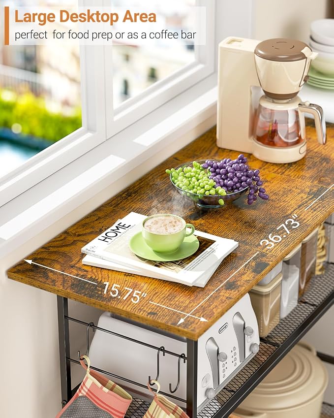 Kitchen Island with 3 Shelves, Rolling Kitchen Cart with 6 Hooks and Protective Shelf, Microwave Stand on Lockable Wheels, Bakers Rack Coffee Bar for Dining, Living Room, Outdoor, Metal Frame - Image 7