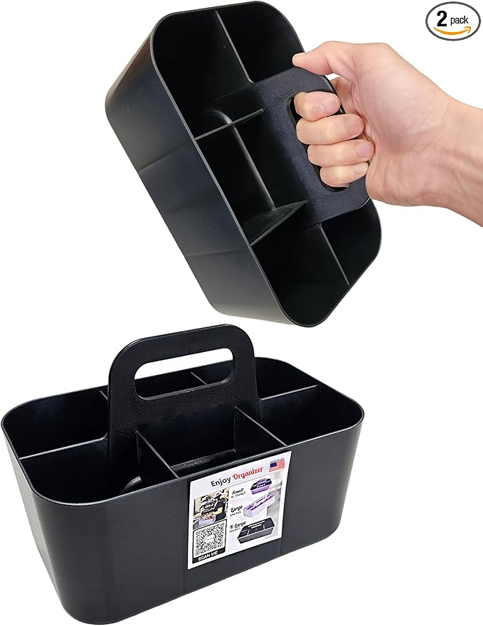 2 Pack Small 6 Compartment Multiuse Caddy Organizer with Handle Art Craft Supplies, Office, Desk, Stationery Pen Holder Stackable- Made In USA (Black)