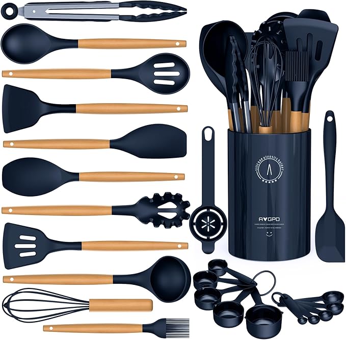 Silicone Cooking Utensils Set - AVGPD Silicone Kitchen Utensils for Cooking Wooden Handles, 446°F Heat Resistant Kitchen Utensil Spatula Sets, Gadgets for Non-Stick Cookware BPA FREE (Navy Blue) by AVGPD