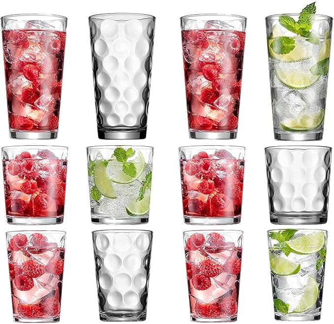 Set of 12 Elegant Everyday Stackable Drinking Glasses - Includes 4-17oz Highball Tumbler Glassware, 4-13oz DOF Rock Glasses, 4-7oz Juice Glasses for Mixed Drinks, Water, Beer, Wine. - Image 8