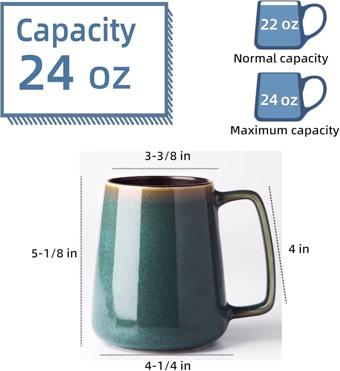 24 oz Large Ceramic Coffee Mugs, Extra Large Mug, Big Handle (24 oz green) | Extra Large Tea and Coffee Cups, Large Handle Coffee Mug for Office and Home, Microwave and Diahwasher Safe - Image 2