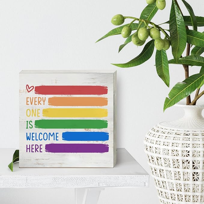 Every One is Welcome Here Wood Box Sign Decor Rustic Pride Rainbow Quote Wooden Box Sign Block Plaque for Wall Tabletop Desk Home Office Classroom Decoration 5" x 5" - Image 4