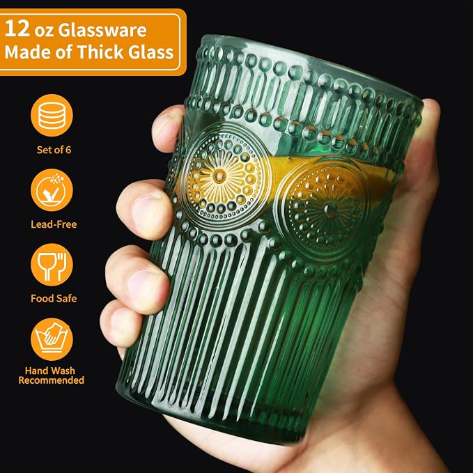 Loivttvv 6pcs Vintage Drinking Glasses Set, 12 oz Dark Green Highball Glasses, Embossed Ribbed Glassware Cups for Cocktail, Water, Juice, Coffee, Whiskey - Image 2