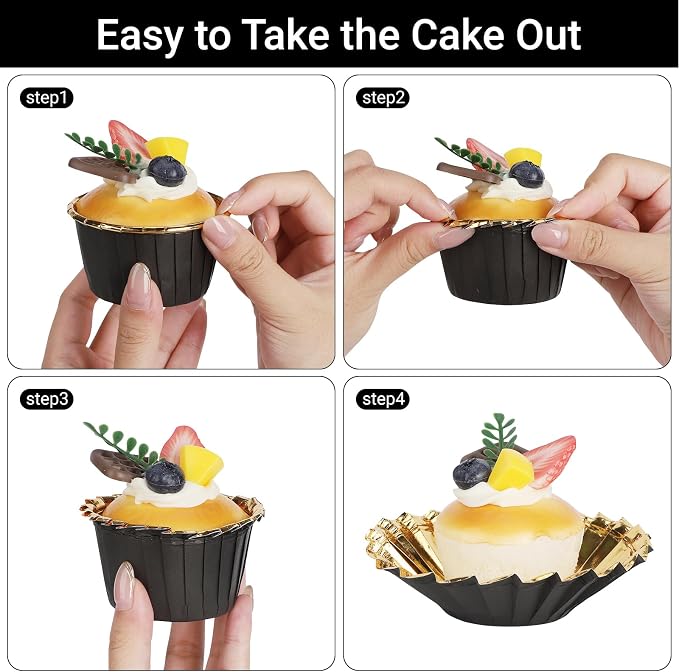 EUSOAR Baking Cups, 200pcs 3.5oz Aluminum Muffin Cupcake Liners Mini Cheesecakes Cups, Disposable Ramekins Foil Dessert Wrappers Paper Cupcake Liners Holder for Birthday Wedding Party-Black/Gold - Image 4
