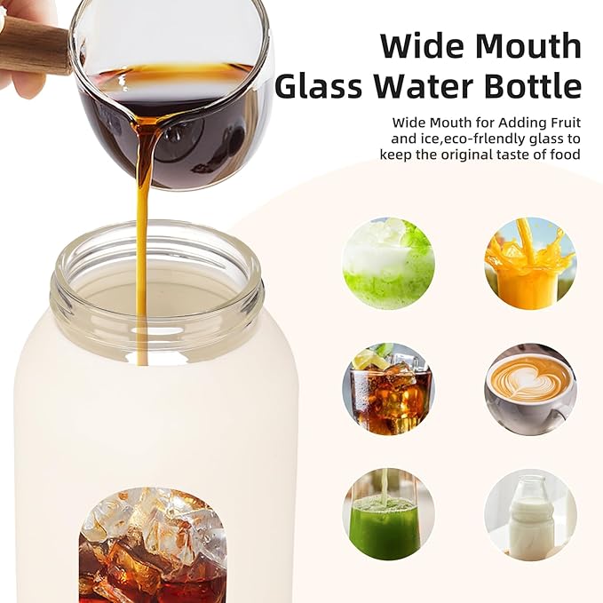 24 oz Glass Water Bottle with 2 Lids-Handle Straw Lid & Bamboo Lid,1 Liter Motivataional Tumbler Water Bottle Time Marker, Borosilicate Glass Water Bottles With Silicone Sleeve, Leakproof