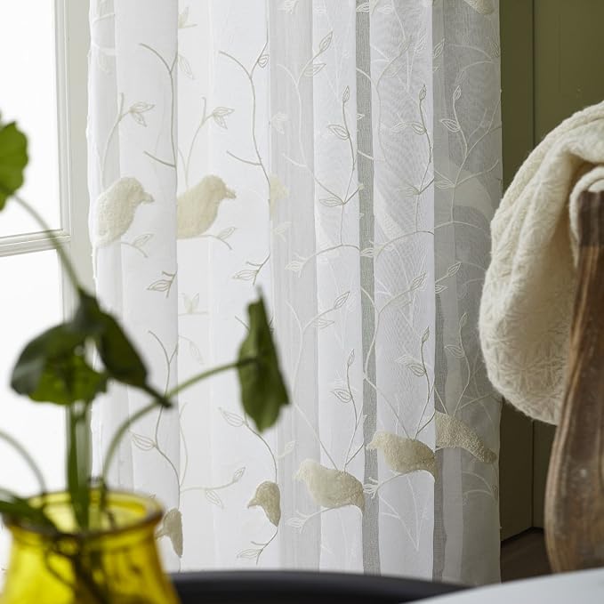 Beige Bird Embroidered Sheer Curtains, 59 x 79, 2 Panels | Country Home Style, Lightweight Voile Fabric, Filters Natural Light, for Living Room and Dining Room - Image 3
