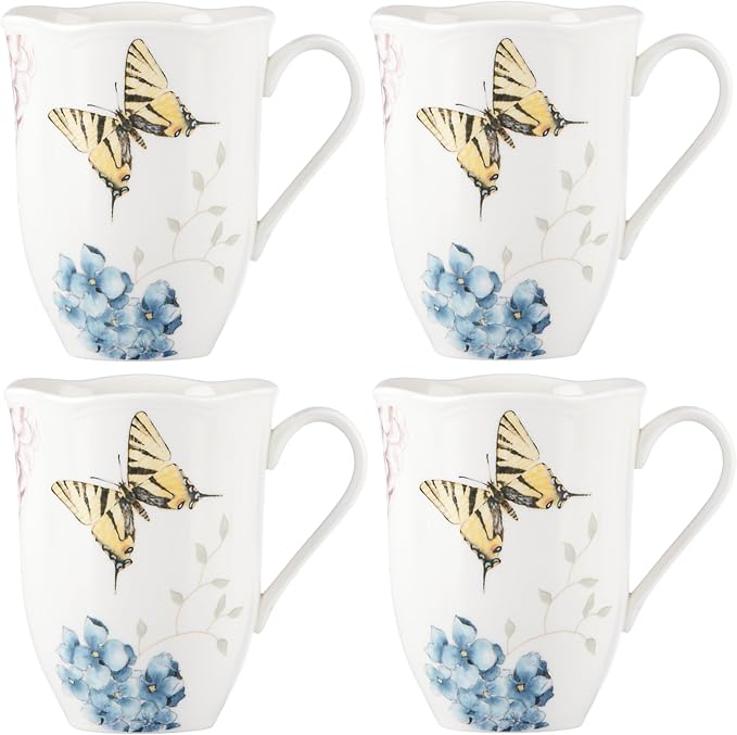 Lenox Butterfly Meadow Hydrangea 4-Piece Porcelain Mug Set, 4 Count (Pack of 1), Multi by Lenox