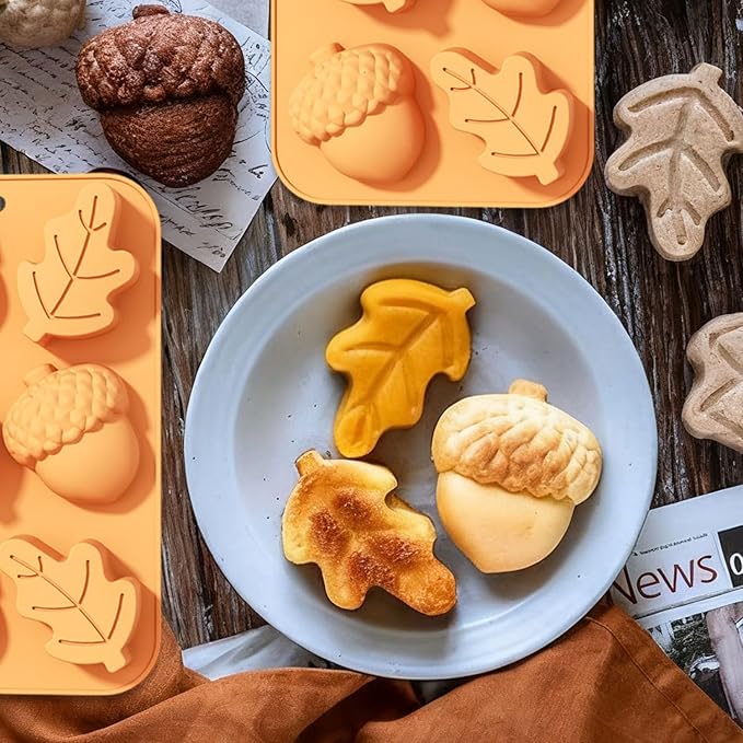 2 Pcs Fall Silicone Molds 3D Chocolate Silicone Mold Autumn Maple Leaf Hazelnut Acornshape Mold for Halloween Thanksgiving Chocolate Candy Cake Pan Baking Tray Cake Decoration