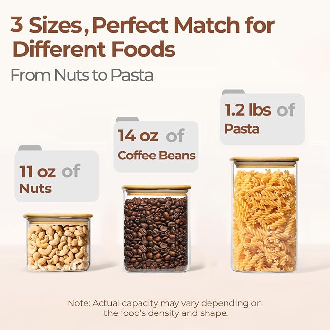 ComSaf Glass Pantry Storage Containers (0.7qt/1.2qt/1.6qt) Set of 6 Jars | Glass Storage Containers With Lids, Rectangle Glass Canisters With Airtight Lids For Kitchen, Spices, Tea, Coffee, BPA Free - Image 3