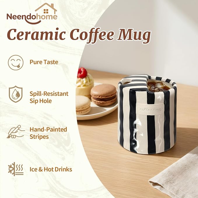 10 oz Ceramic Coffee Mug with Sip Hole & Silicone Sleeve, Black | Cute Hand-Painted Striped Porcelain, Gift for Coffee Lover, Cold & Hot Drinks, Microwave & Dishwasher Safe - Image 2