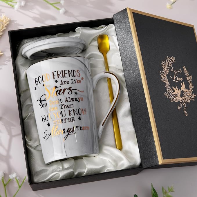 Best Friend Birthday Gifts for Women, Friendship Gifts for Women, 14 Oz Mug | Grey Ceramic Marble Coffee Mug with Spoon, Lid, Card, Gift Box, Perfect Birthday Present for Her, Friend, BFF, Bestie, Sister - Image 5