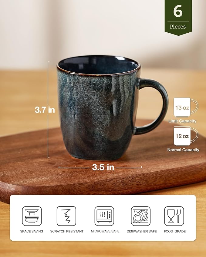 famiware Coffee Mugs Set of 6, Ocean Square 13oz Coffee Cup Set with Handle for Cocoa, Milk, Hot Chocolate, Tea, Water, Stoneware Cups for Kitchen, Microwave and Dishwasher Safe, Deep Forest - Image 4