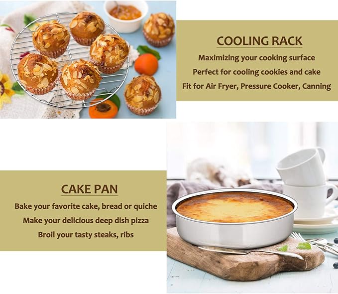 E-far 8-inch Round Cake Pan with Rack Set, Stainless Steel Cake Pans Tins and Baking Cooling Racks, Non Toxic & Healthy, Mirror Polished & Dishwasher Safe - 4 Pieces (2 Pans + 2 Racks) - Image 5