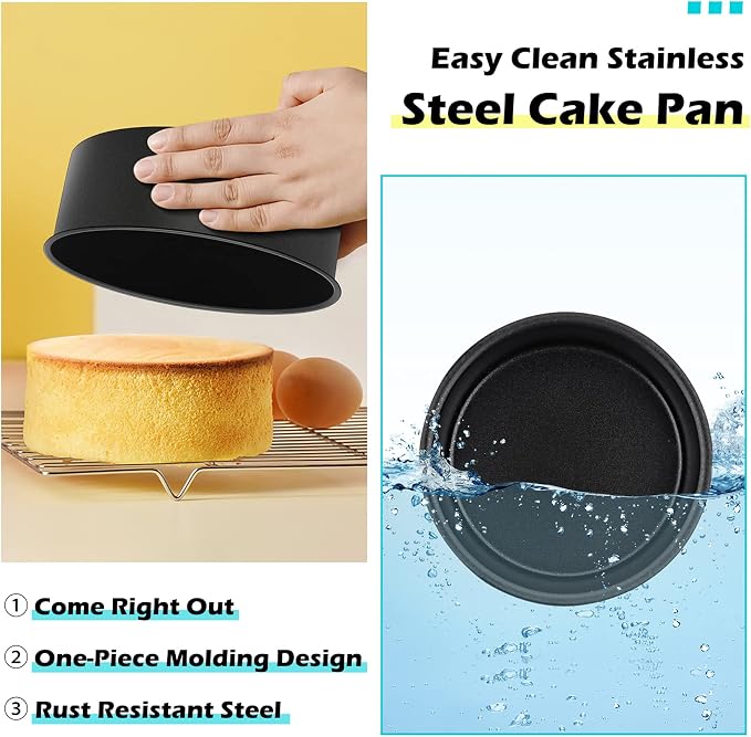 LIANYU 6 inch Cake Pans for Baking, Round Cake Pan Set of 4, Nonstick Stainless Steel Baking Tin Bakeware for Birthday Wedding Party, Non Toxic Coating, 3 Inch Deep, Black - Image 5