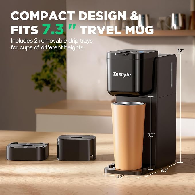 Tastyle Single Serve Coffee Maker Hot and Iced with Bold Brew, Up to 16 Oz | for K Cup and Ground, Fits 7.3'' Travel Mug, 5 Cup Sizes, Compact for Office, RV& Hotel, K320, 3.0 Version, Black - Image 5