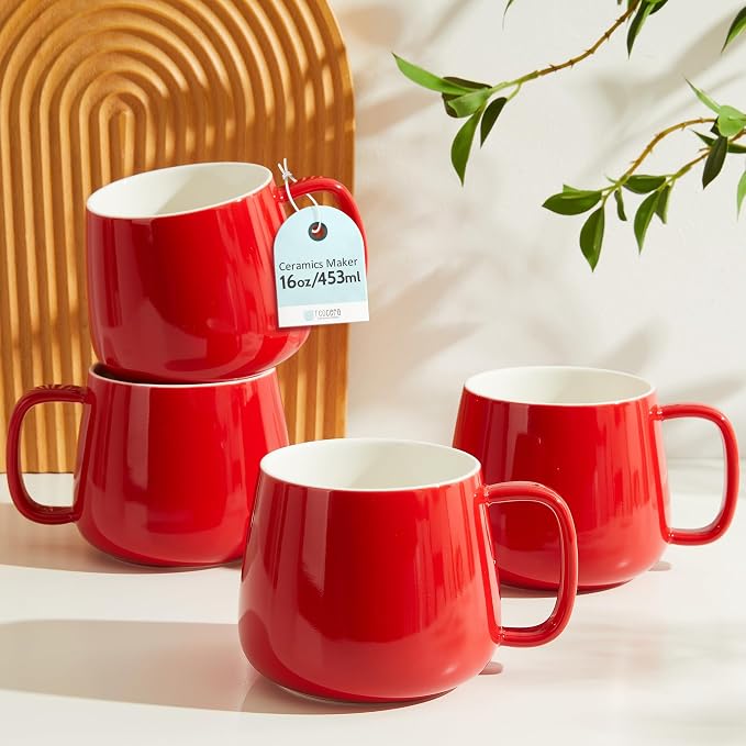 Teocera 16oz Ceramic Coffee Mugs Set of 4 – Stackable Latte Cups, Microwave, Dishwasher & Oven Safe – Ideal for Coffee, Cappuccino, Hot Chocolate, Housewarming Gifts, Red by Teocera
