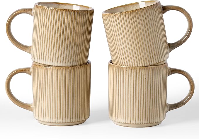 famiware Coffee Mug Set for 4, Star 12 oz Catering Mugs Cup Set with Handle for Coffee, Tea, Cocoa, Milk - Ceramic Stoneware Drinkware Set, Cream by Famiware