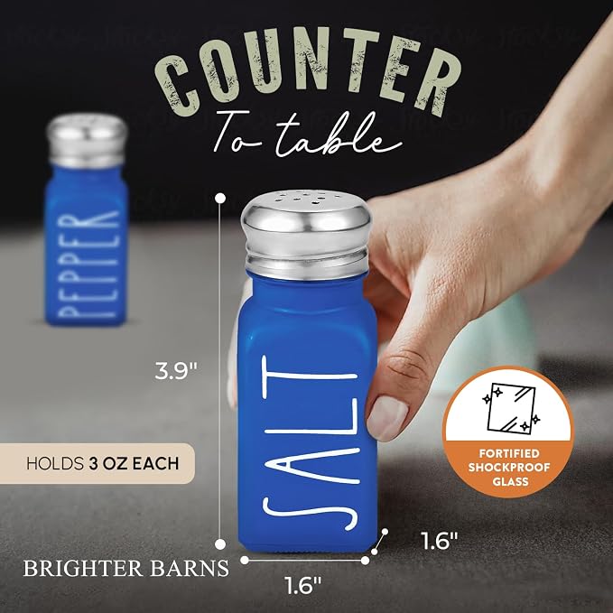 Blue Salt and Pepper Shakers Set by Brighter Barns - Cute Glass Shakers with Stainless Steel Lids - Modern Farmhouse Kitchen Decor and Accessories for Home, Restaurants, Hotel, Vacation Rental (Blue) - Image 3