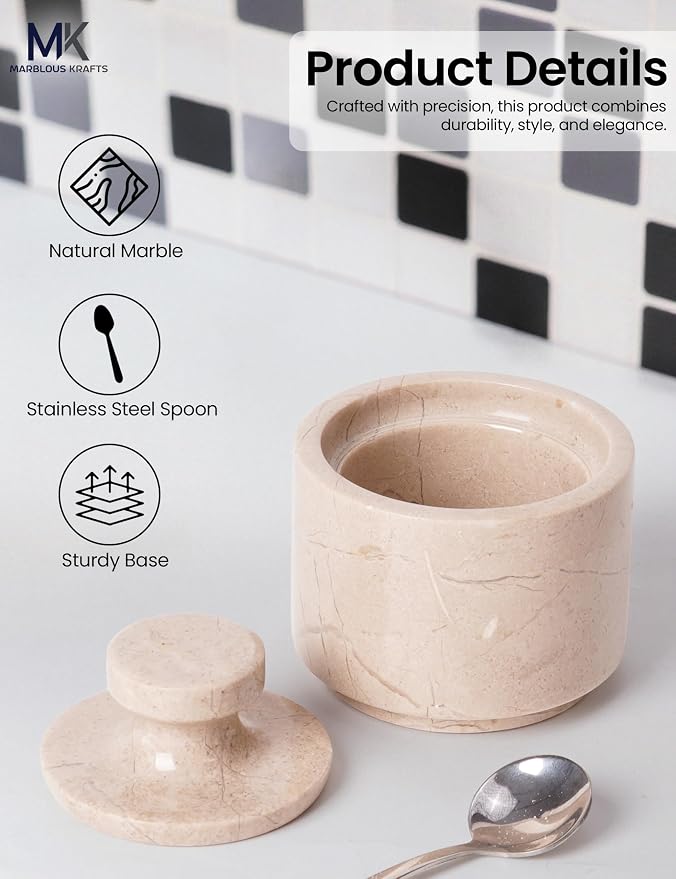 MARBLOUS KRAFTS Marble Salt Cellar 3" Inch Verona Stone Salt Container, Ideal Set of 2 Coffee Storage Container Kitchen Countertop, Candy Jars with Lids and Spoons, Spice Storage - Image 5