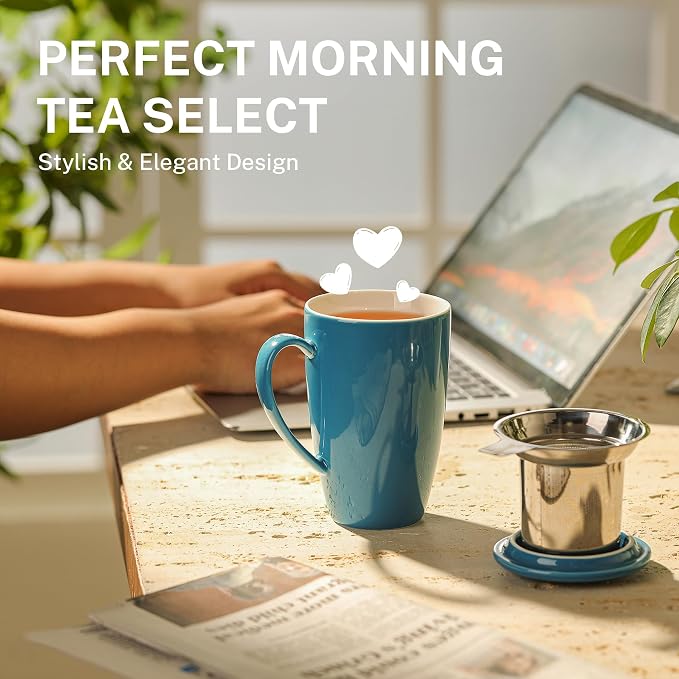 Sweese 15 OZ Porcelain Tea Mug with Infuser and Lid, Loose Leaf Tea Cup, Gifts for Tea Lover, Steel Blue - Image 5