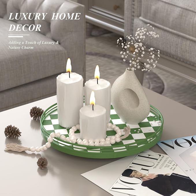 AMH 12-Inch Green and White Checkerboard Lazy Susan with Rubberwood Base | Smooth rotating oak tray with walnut finish for dining tables, kitchen counters, pantries and cabinet storage. - Image 3