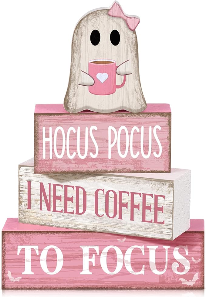 Moucuny 4 Pcs Pink Halloween Table Decorations Coffee Ghost Wooden Stacked Block Decor, "Hocus Pocus I Need Coffee to Focus" Signs, Cute Rustic Halloween Tiered Tray Decor for Home Kitchen Office Bar by Moucuny