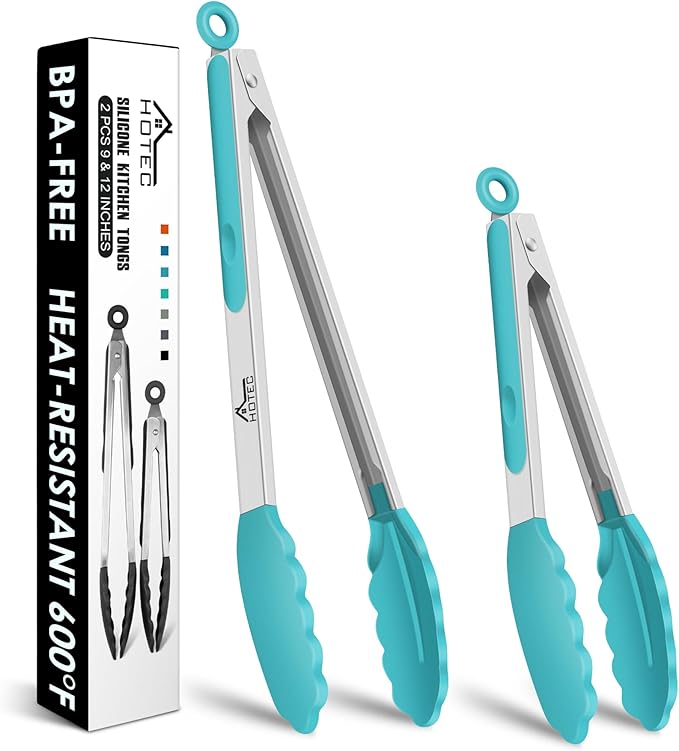 HOTEC Premium Stainless Steel Locking Kitchen Tongs with Silicon Tips, Set of 2-9" and 12", Blue by Hotec