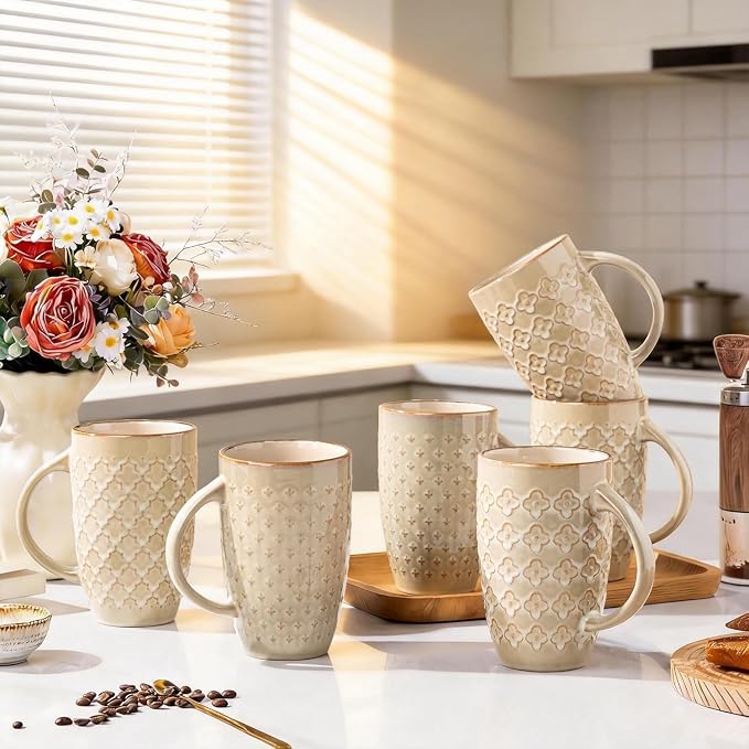 AmorArc Large Coffee Mugs Set of 6, 20oz Tall Coffee Mugs Set | with Texture Patterns for Cappuccino, Latte,Hot Cocoa, Dishwasher & Microwave Safe-Pale Khaki by AmorArc