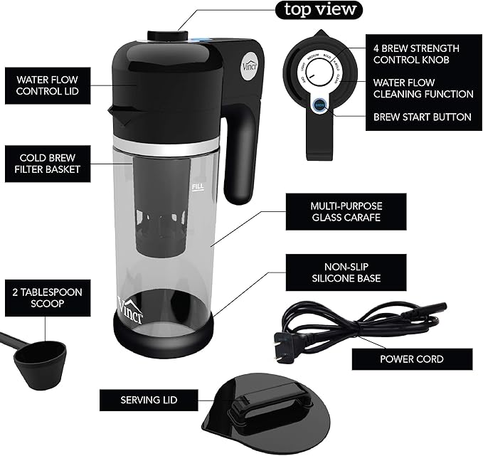 VINCI Express Cold Brew, Electric Cold Brew Coffee Maker in 5 minutes, 4 Brew Strength Settings & Cleaning Cycle, Easy to Use & Clean, Glass Carafe, Cold Brewer for Iced Coffee, 1.4 L Dial Control