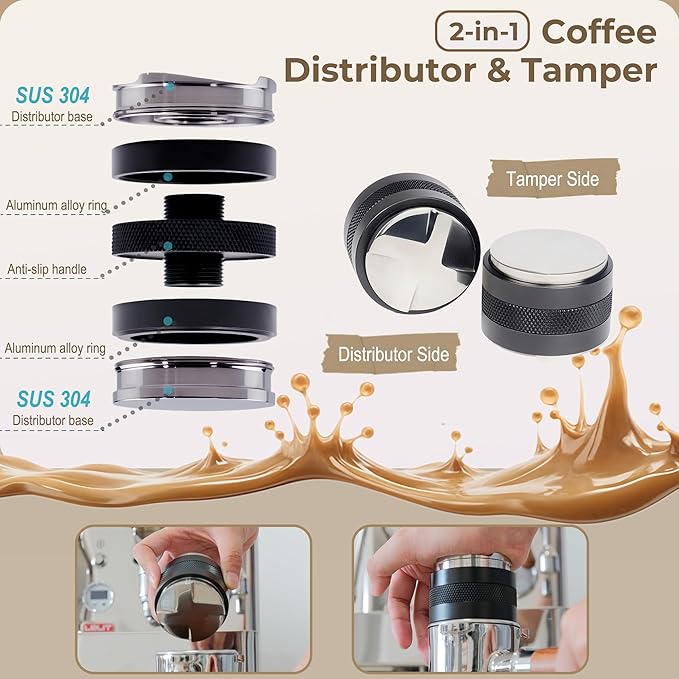 51mm Coffee Distributor & Tamper - Dual Head Adjustable Depth for Breville Barista Pro/Express/Touch - 304 Stainless Steel Coffee Leveler and Hand Tamper, Black