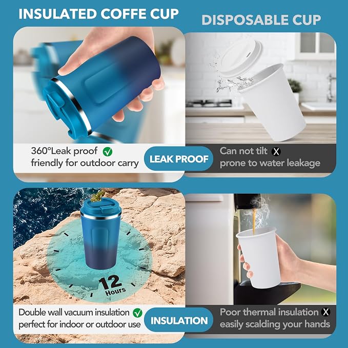 Volhoply 12 oz Double Wall Insulated Vacuum Travel Coffee Mug with Flip Lid Bulk 4 Pack,Reusable Stainless Steel Leak Proof Coffee Cups,Portable Thermal Tumbler for Hot & Cold Drinks(Dark Night,4 Set) - Image 3