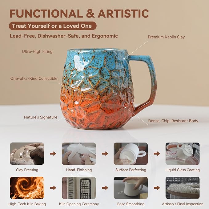 18oz Unique Blue & Orange Kiln-Change Ceramic Coffee Mug, Handcrafted Hammered Texture Ceramic Mug with Ergonomic Handle, Microwave & Dishwasher Safe, Gift for Coffee Lovers, Home Office Daily Use - Image 6