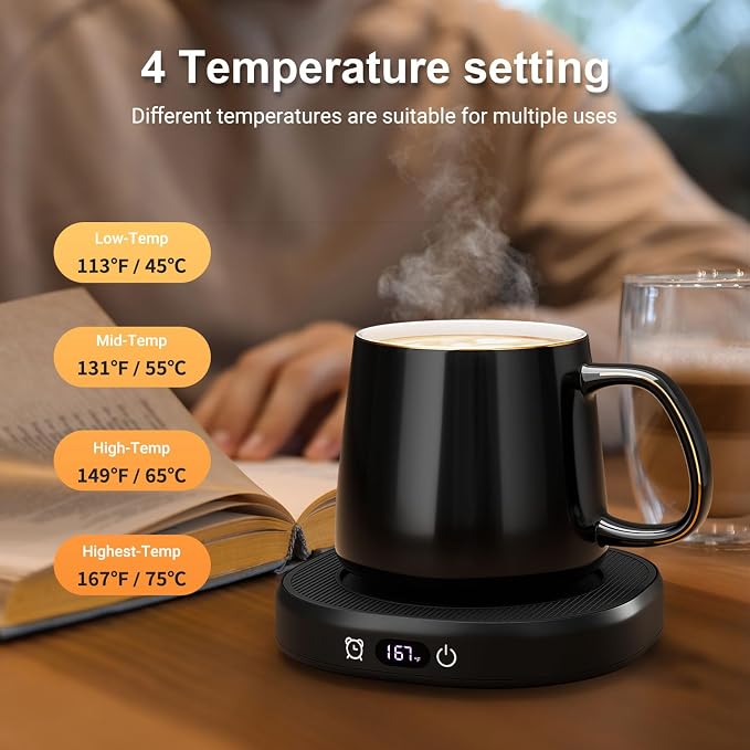 Coffee Mug Warmer & Simple Pure Black Mug Set, Electric Cup Warmer with Auto Shut Off, 4 Temperature Setting Smart Beverage Warmer, 8-Hours Auto Shut Off (Simple Pure Black Mug) - Image 5