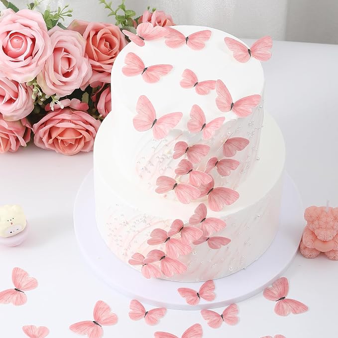 58Pcs Pink Edible Butterflies Cake Toppers Cake Cupcake Decoration | Wafer Glutinous Paper Butterfly Colorful Small Pastel Cupcake Topper Decoratings for Wedding Birthday Baby Shower(Mix Size) - Image 4