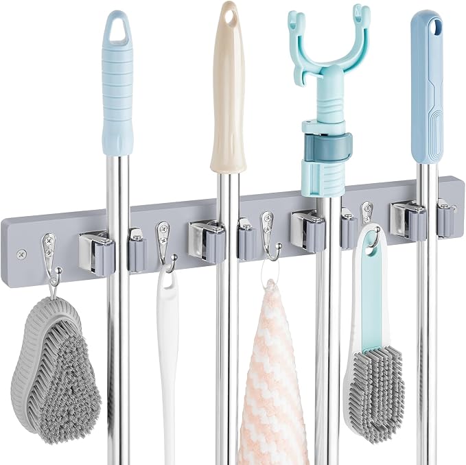 OUTNILI Gray Mop Broom Holder Wall Mount with 4 Slots & 4 Hooks - Wood Broom Mop Hanger for Pantry Closet Laundry Room Organization - Heavy Duty Garden Tool Organizer by OUTNILI