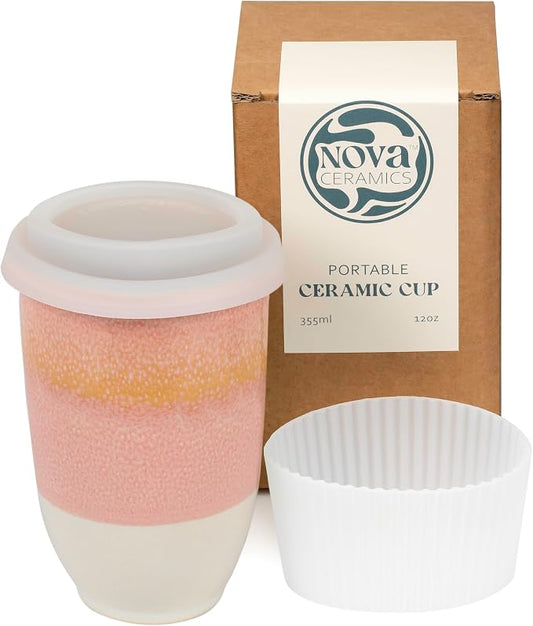 NOVA CERAMICS Travel Mug - Travel Coffee Mug – Iced Coffee Cup Unique to Go Mug – Microwave & Dishwasher Safe Coffee Pink Tumbler - Gifts for Women Men Him Her – 12oz – Afterglow by NovaCeramics