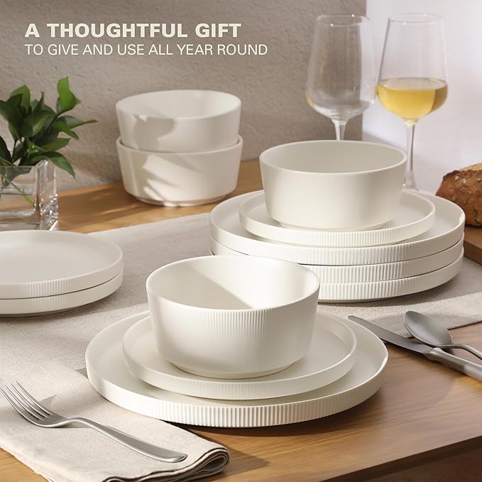 Gibson Home Dempsey Road 12-Piece Stoneware Dinnerware Set – Service for 4, Round White Plates and Bowls, Durable Solid Color Modern Embossed Dish Set, Microwave & Dishwasher Safe - Image 4