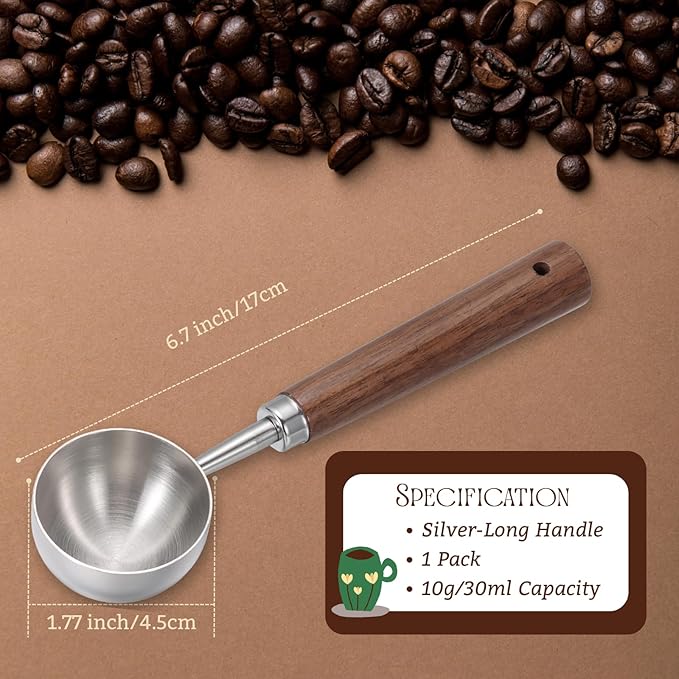 Vintage Coffee Scoop 10g/30ml Capacity Retro 304 Stainless Steel Coffee Measuring Spoon Walnut Wooden Handle Coffee Scoop Kitchen Utensil for Measuring Scooping Tea Coffee Spices (Long Handle)