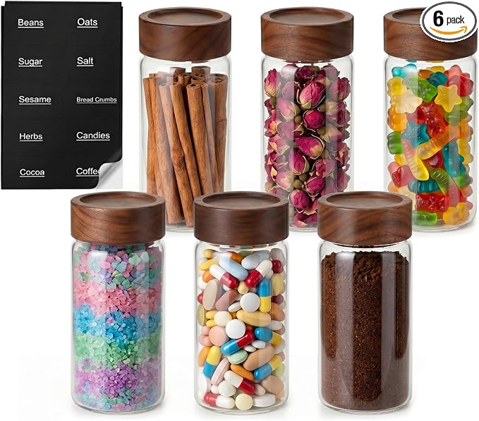 6 Pack 13 oz Glass Jars with Airtight Lids - 15cm Tall Aesthetic Glass Canisters for Coffee Bar, Loose Leaf Tea, Sugar - Decorative Apothecary Jars for Bathroom Vanity Organizers by Kalnsa