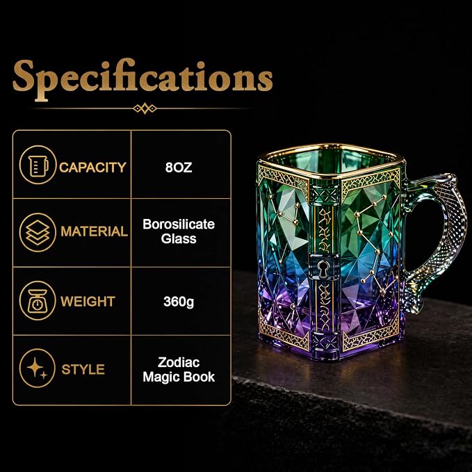 FACE N FACE Zodiac Glass Mug, 8 oz Celestial Constellation Coffee & Tea Cup with Dragon Scale Handle, Green Purple Astrology Mug, Witchy Magic Cup for Halloween Christmas Gift - Image 2